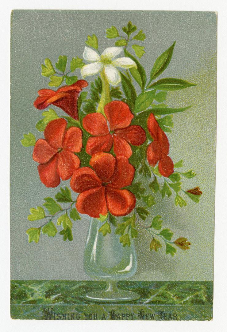 The card pictures a vase of flowers. They are mostly red along with a single white one and gree…