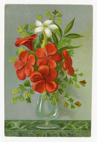 The card pictures a vase of flowers. They are mostly red along with a single white one and gree…