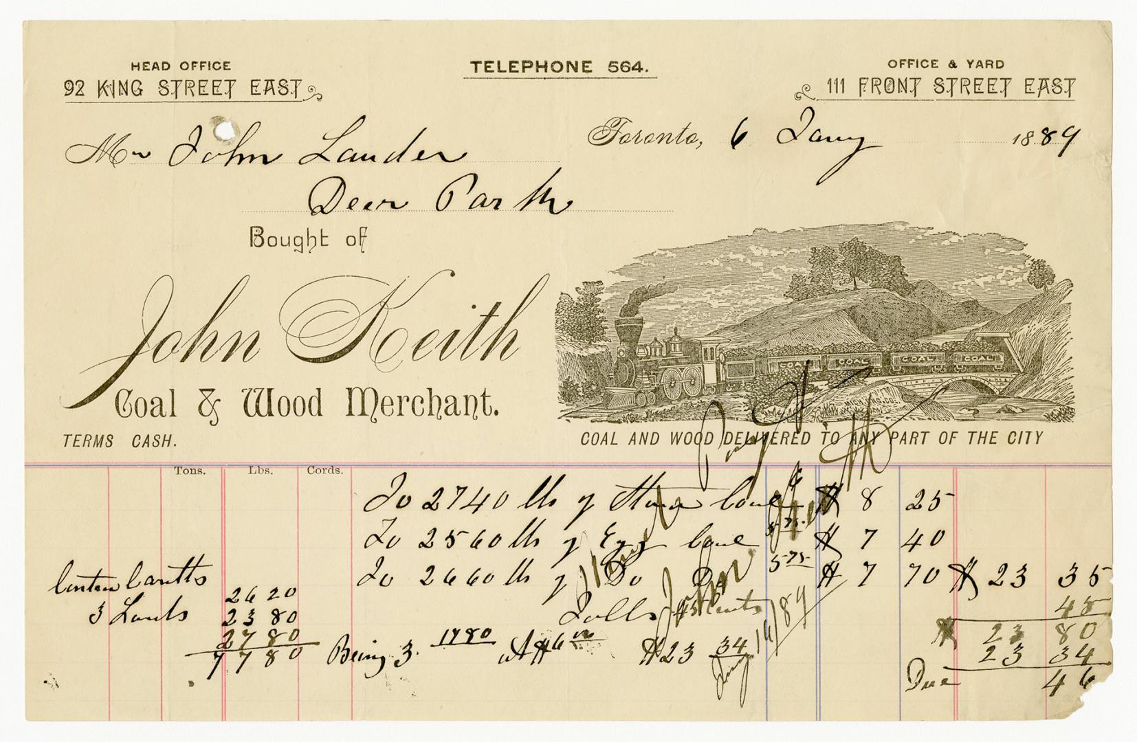 Bought of John Keith, Coal & Wood Merchant.