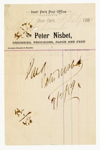 To Peter Nisbet, Groceries, Provisions, Flour and Feed