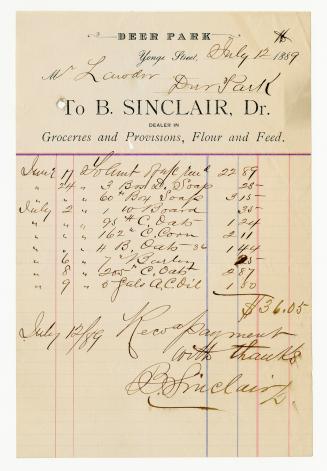 To B. Sinclair, Dr. Dealer in Groceries and Provisions, Flour and Feed.