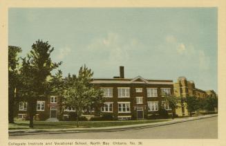Colorized photograph of a two story collegiate building with trees growing in front of it.