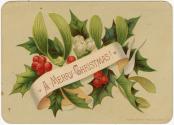 The card pictures red and white berries amongst holly leaves and other foliage. The background …