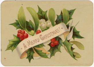 The card pictures red and white berries amongst holly leaves and other foliage. The background …