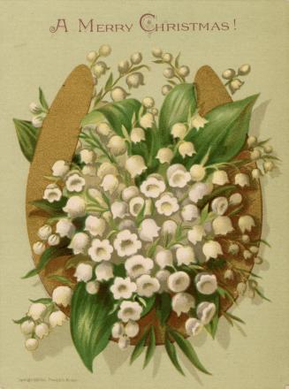 The card pictures a bouquet of small white flowers and green leaves nestled inside the U-shape …