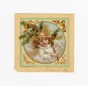 The card shows the portrait of a girl dressed in white and holding a tree branch with pine cone…