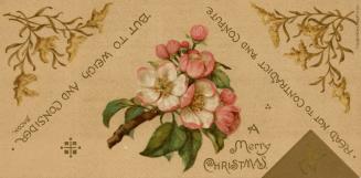 The card pictures a branch of pink and white flowers at its centre. Brown-gold leaves decorate …