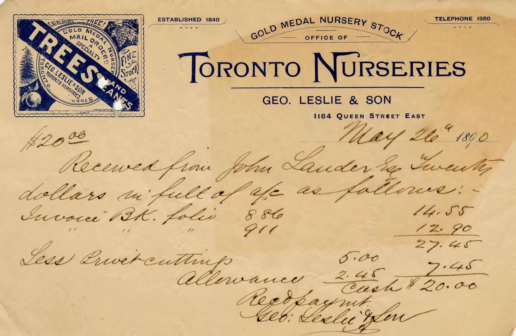 Receipt of customer John Lauder Esq. Part of Morris Norman donation of business papers, 2002. 