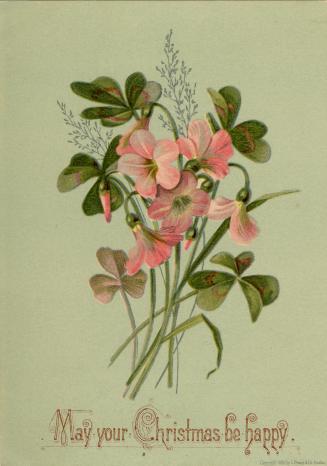 The card pictures clover leaves and pink flowers against a green background.