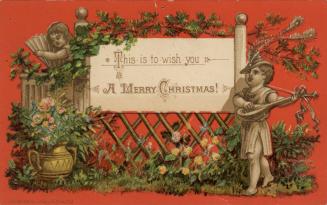 The card pictures bright green foliage and flowers decorating a sepia toned gate. At the right …