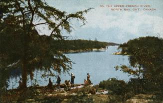 Colorized photograph of people on a shoreline with their boats looking out across a river lined…