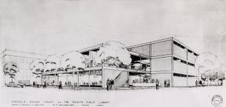 Photo of architect's black and white sketch of two storey library building. 
