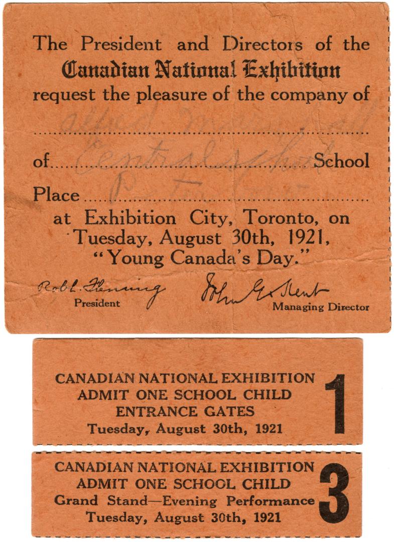 The President and Directors of the Canadian National Exhibition request the pleasure of the company of...  at Exhibition City, Toronto, on Tuesday, August 30th, 1921, "Young Canada's Day."