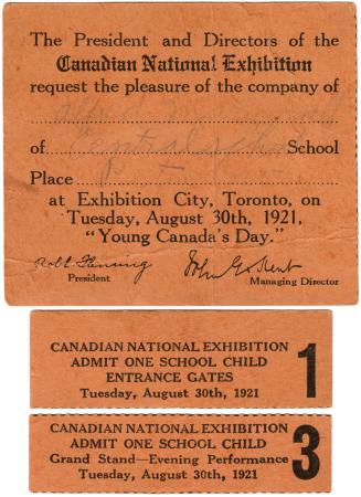 The President and Directors of the Canadian National Exhibition request the pleasure of the company of...  at Exhibition City, Toronto, on Tuesday, August 30th, 1921, "Young Canada's Day."