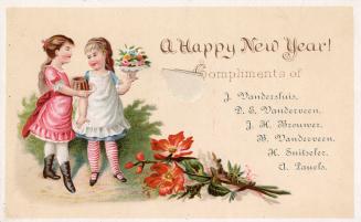 The card pictures two girls on a garden path. One holds a cake and the other a bouquet of flowe…