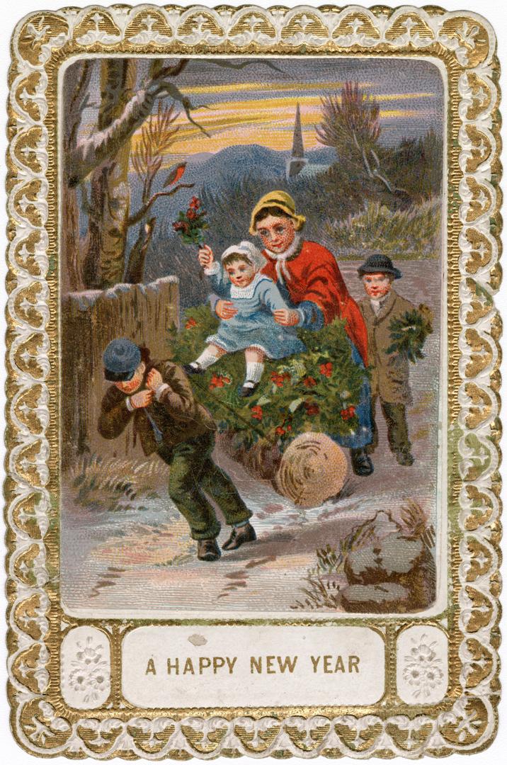 The card pictures a group of people on a wintery path. One boy appears to be pulling what looks…