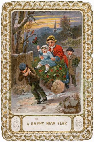 The card pictures a group of people on a wintery path. One boy appears to be pulling what looks…