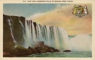 Colorized photograph of waterfalls cascading over a cliff. There is crest in the top right hand…
