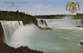 Color photograph of waterfalls cascading over a cliff. There is crest in the top right hand cor…