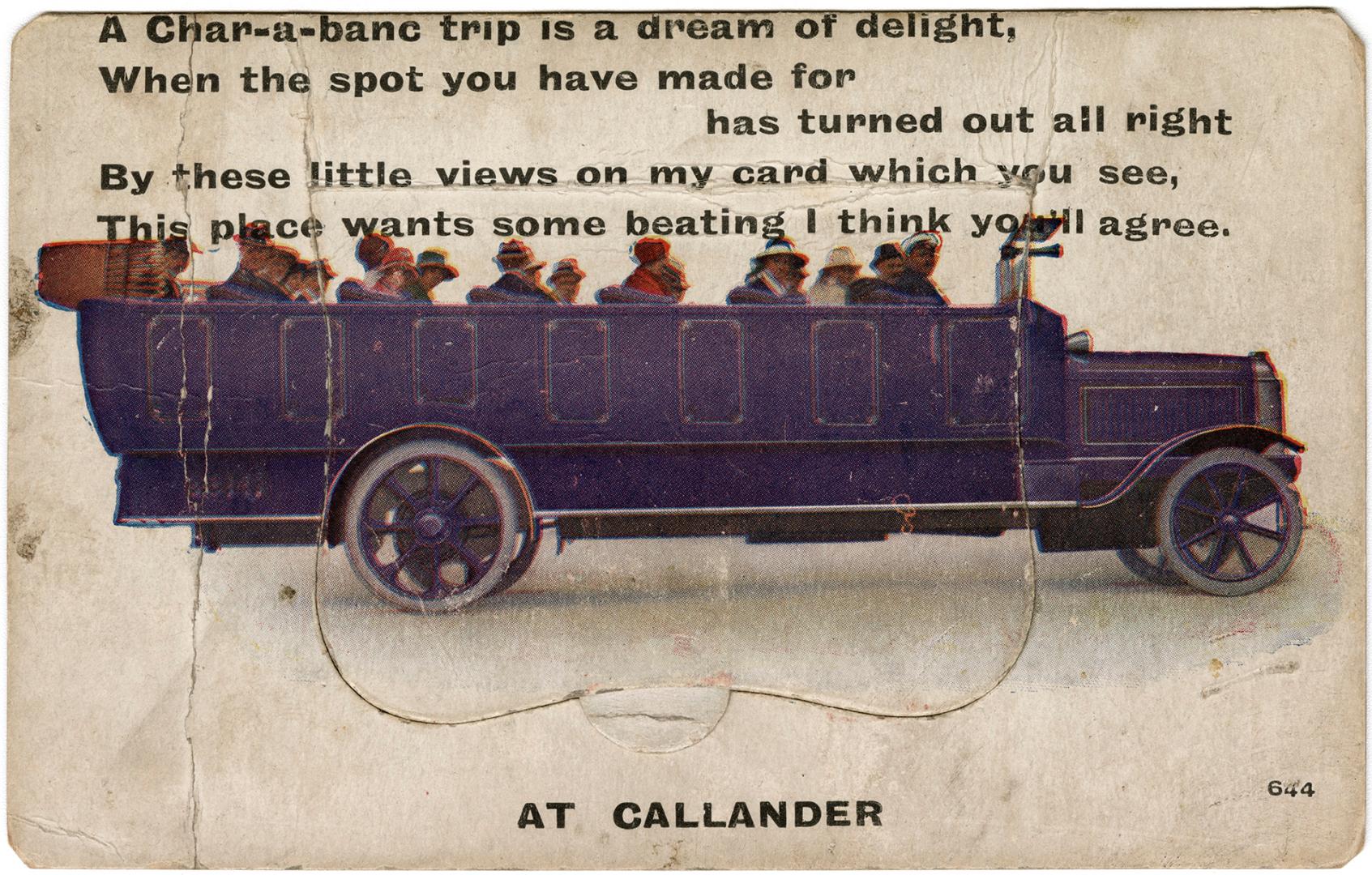 Colorized photograph of a tour bus full of sightseers.