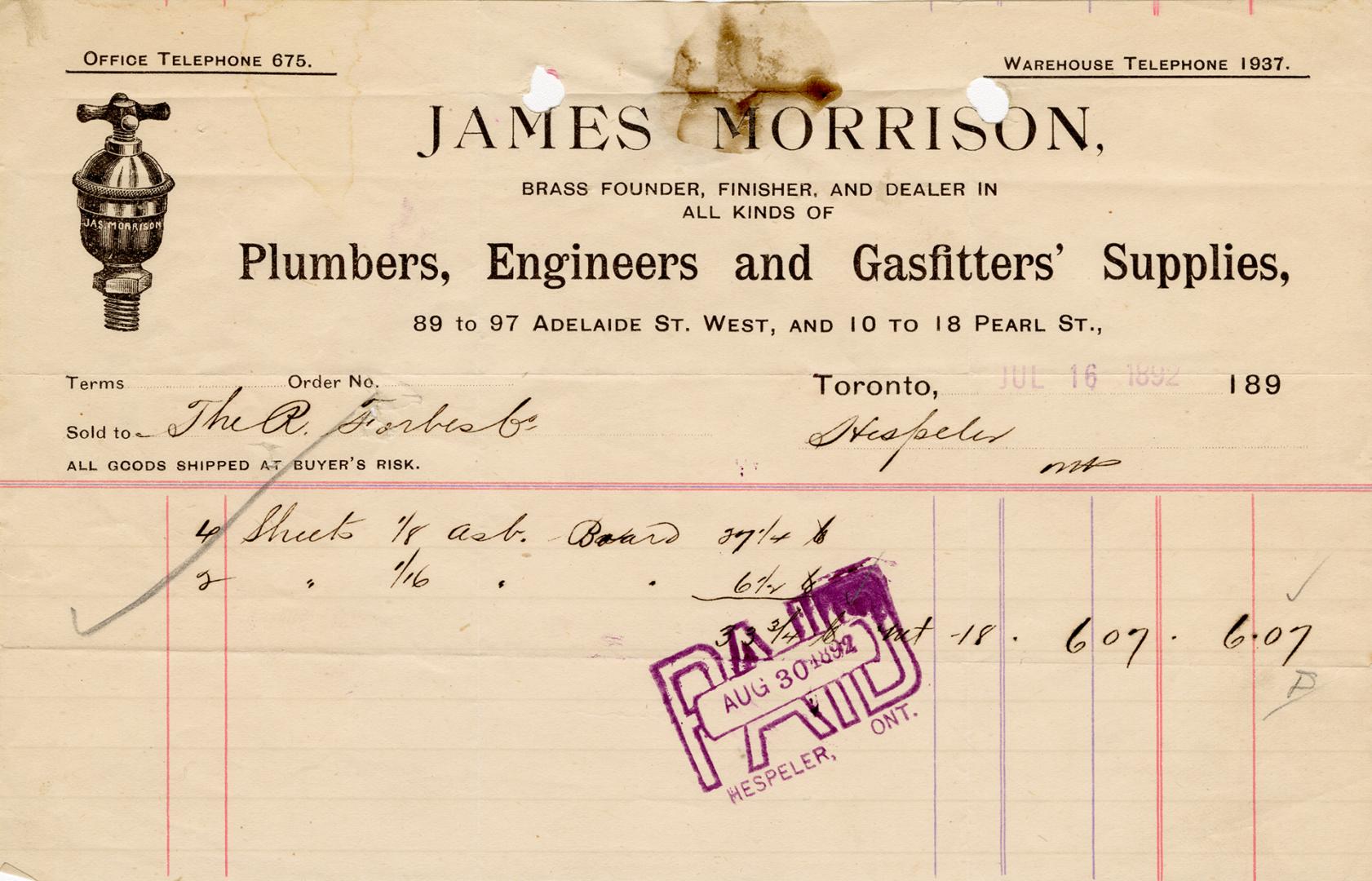 James Morrison, Brass Founder, Finisher, and Dealer in all Kind of Plumbers, Engineers and Gasf…
