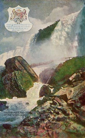 Colorized photograph of waterfalls cascading over a cliff with a walkway and railing in front o…