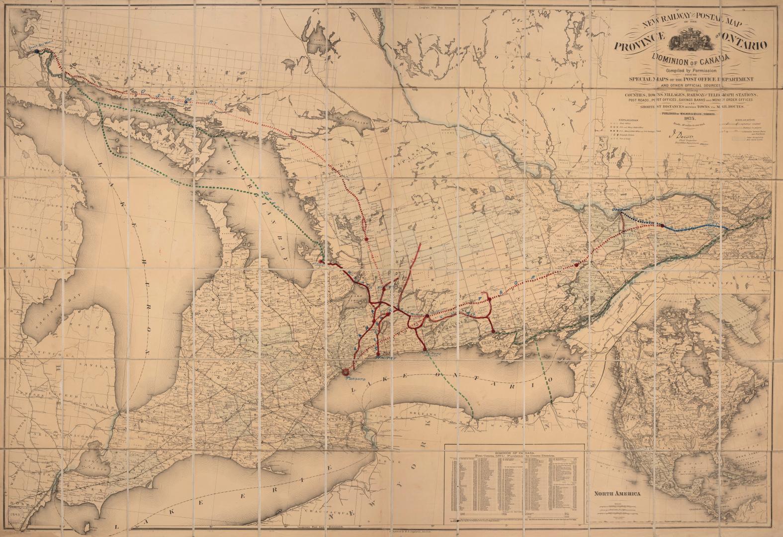 New railway and postal map of the Province of Ontario, Dominion of Canada : compiled by permission from the special maps of the Post Office Department and other officical sources showing counties, towns, villages, railways and telegraph stations, post roads, post offices, savings banks and money order offices and short distances between towns via mail routes