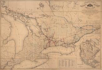 New railway and postal map of the Province of Ontario, Dominion of Canada : compiled by permission from the special maps of the Post Office Department and other officical sources showing counties, towns, villages, railways and telegraph stations, post roads, post offices, savings banks and money order offices and short distances between towns via mail routes