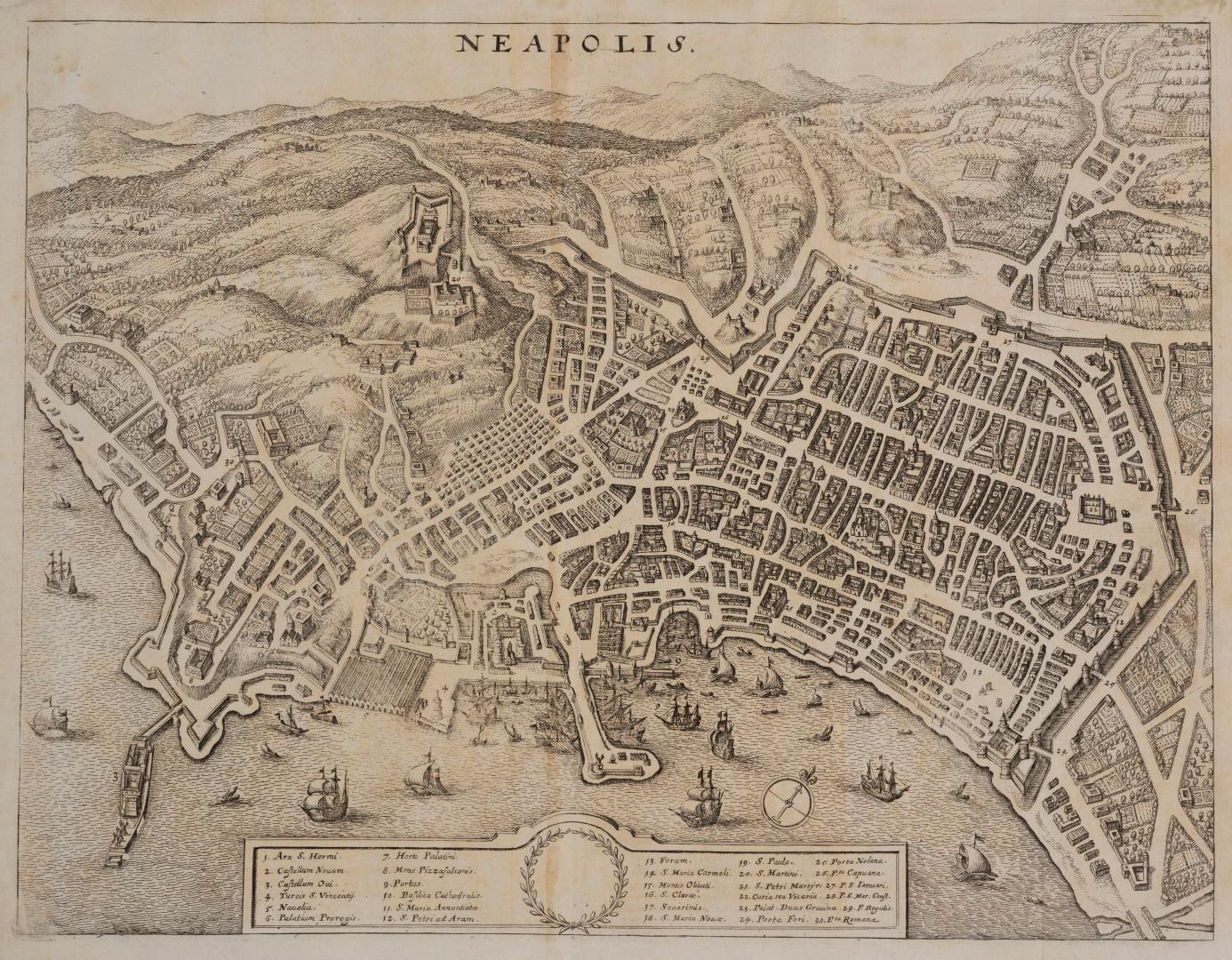 Bird's eye view of Genoa, Italy, also showing ships in and around the harbour, includes index t…