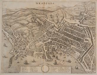 Bird's eye view of Genoa, Italy, also showing ships in and around the harbour, includes index t…
