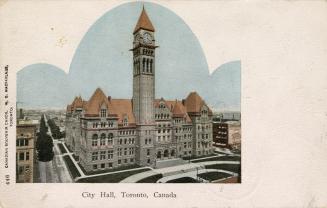 Colorized photograph of a large Richardsonian Romanesque, commercial building.