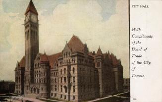Colorized photograph of a large Richardsonian Romanesque, commercial building.