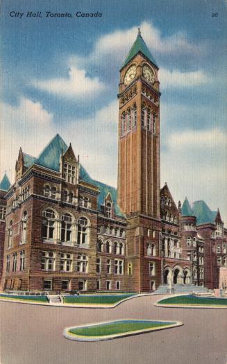 Colorized photograph of a large Richardsonian Romanesque, commercial building.
