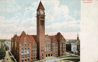 Colorized photograph of a large Richardsonian Romanesque, commercial building.