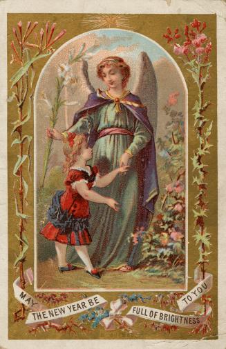 The card pictures a girl holding an angel's hand. They stand on a garden path lined with flower…