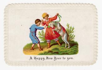 Two children and a goat are pictured. The girl holds the goat's leash as it rears up. The boy f…