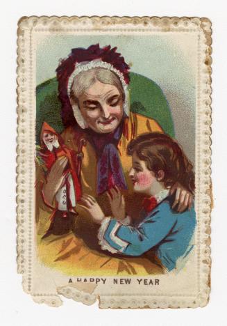 The card pictures a child and an elderly woman sitting together. The woman is holding a toy dol…