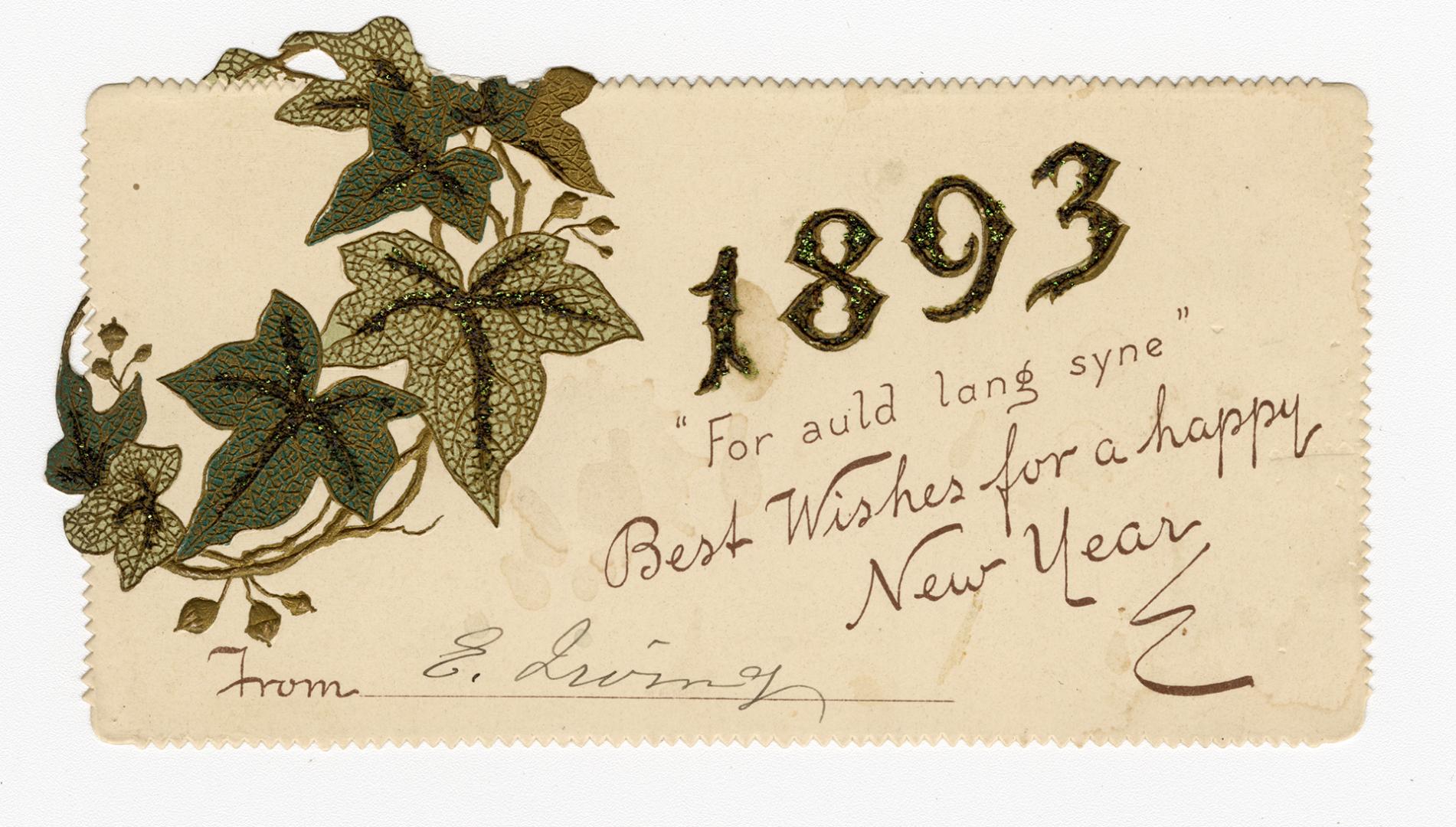 This beige card includes wishes for a happy New Year and a picture of an ivy vine on the left s…