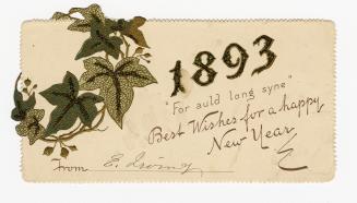 This beige card includes wishes for a happy New Year and a picture of an ivy vine on the left s…