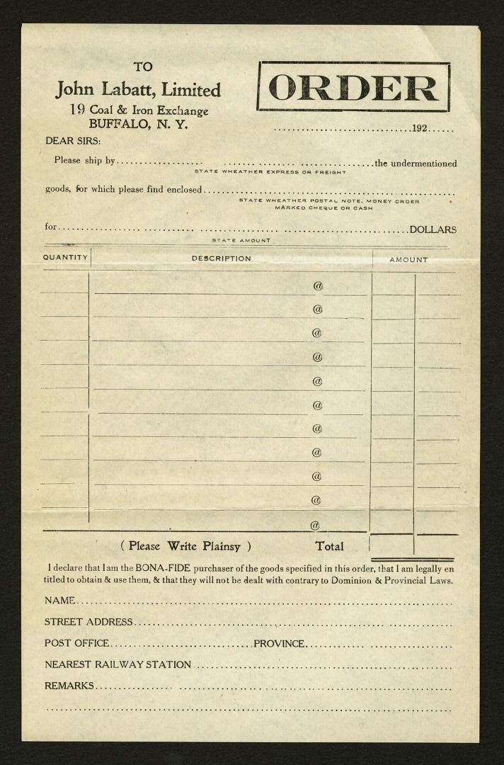 Order. To John Labatt Limited 19 Coal & Iron Exchange Buffalo, N.Y. 