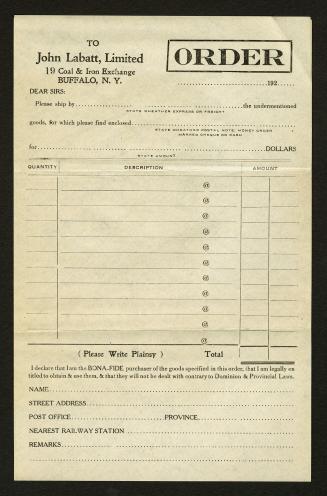 Order. To John Labatt Limited 19 Coal & Iron Exchange Buffalo, N.Y. 