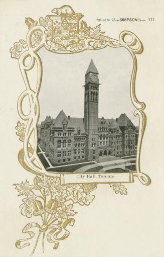 Black and white photograph of a large Richardsonian Romanesque, commercial building. The photog…