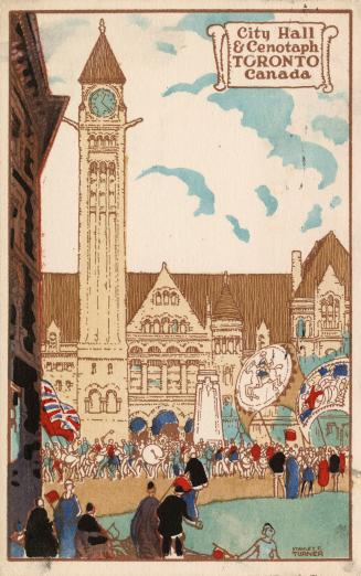 Color drawing of a large Richardsonian Romanesque, commercial building.