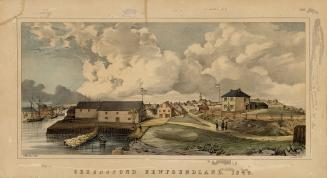 An illustration of a town, with roads, buildings, houses and a river on the left side, and thre…