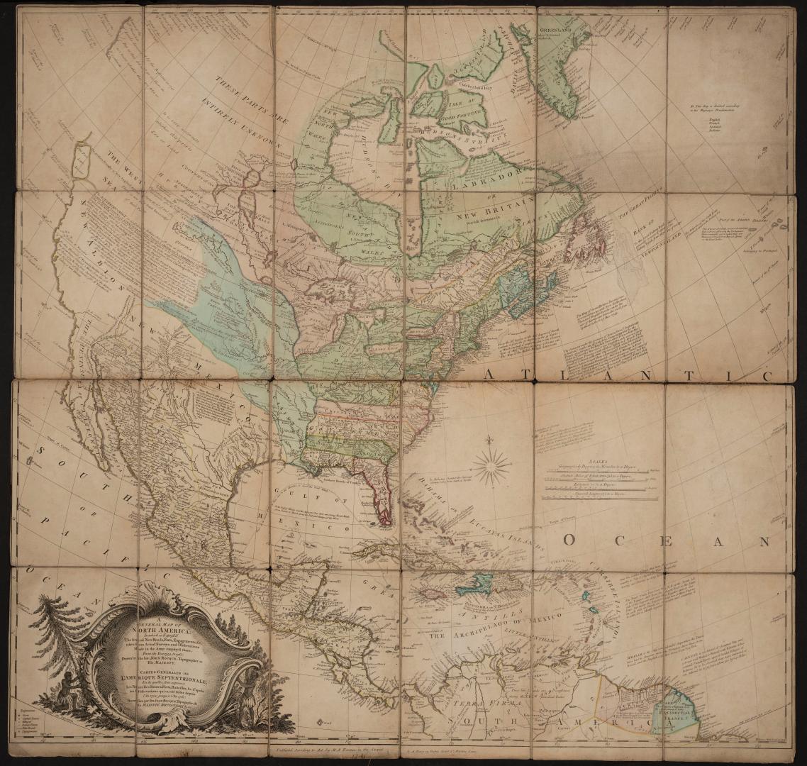 A general map of North America; in which is express'd the several new roads, forts, engagements, &c., taken from actual surveys and observations made in the army emply'd there, from the year 1754 to 1761: drawn by the late John Rocque, topographer to His Majesty.  
