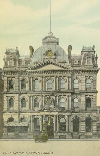Colorized photograph of a four story public building in the Second Empire design.