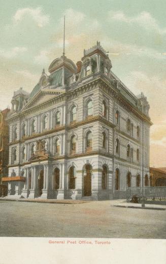 Colorized photograph of a four story public building in the Second Empire design.