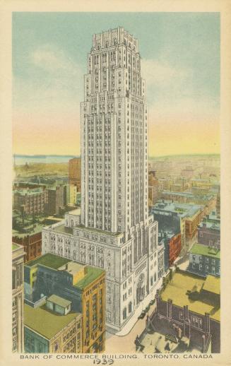 Colorized drawing of a thirty-four story office building in the Art Deco style.
