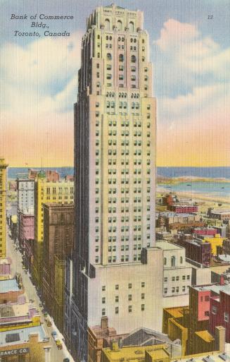 Colorized drawing of a thirty-four story office building in the Art Deco style.