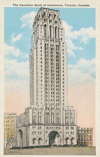 Colorized drawing of a thirty-four story office building in the Art Deco style.